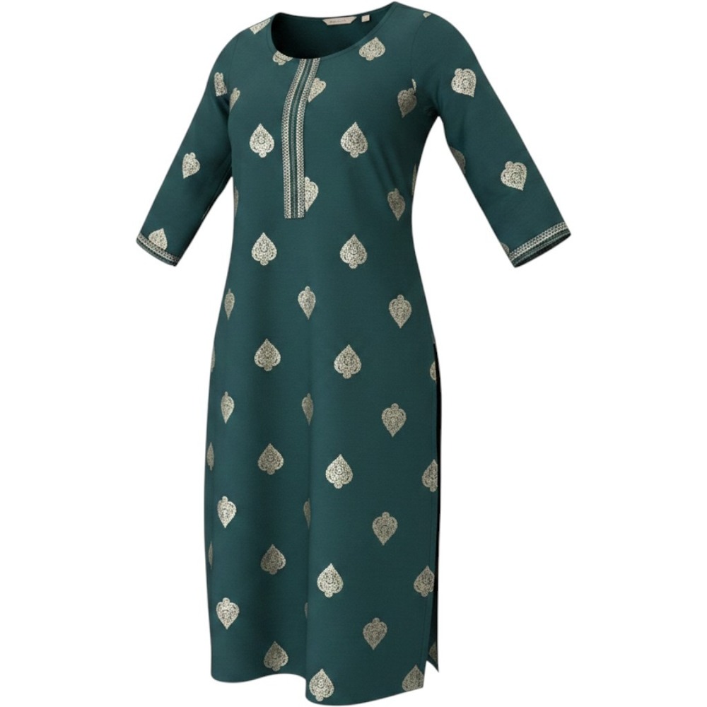 Avaasa Mix N Match Kurta Teal Gold Block Print Tunic Dress Womens Small 87cm